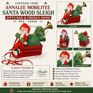 Vintage 1980 Annalee Mobilitee Santa Wood Sleigh Gift‎ Bag French Horn Red Green